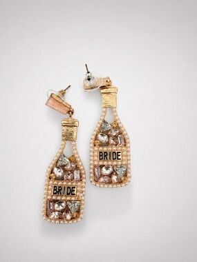 Gold-tone 'Bride' Champagne Bottle Drop Earrings - Pink & Clear Accents
